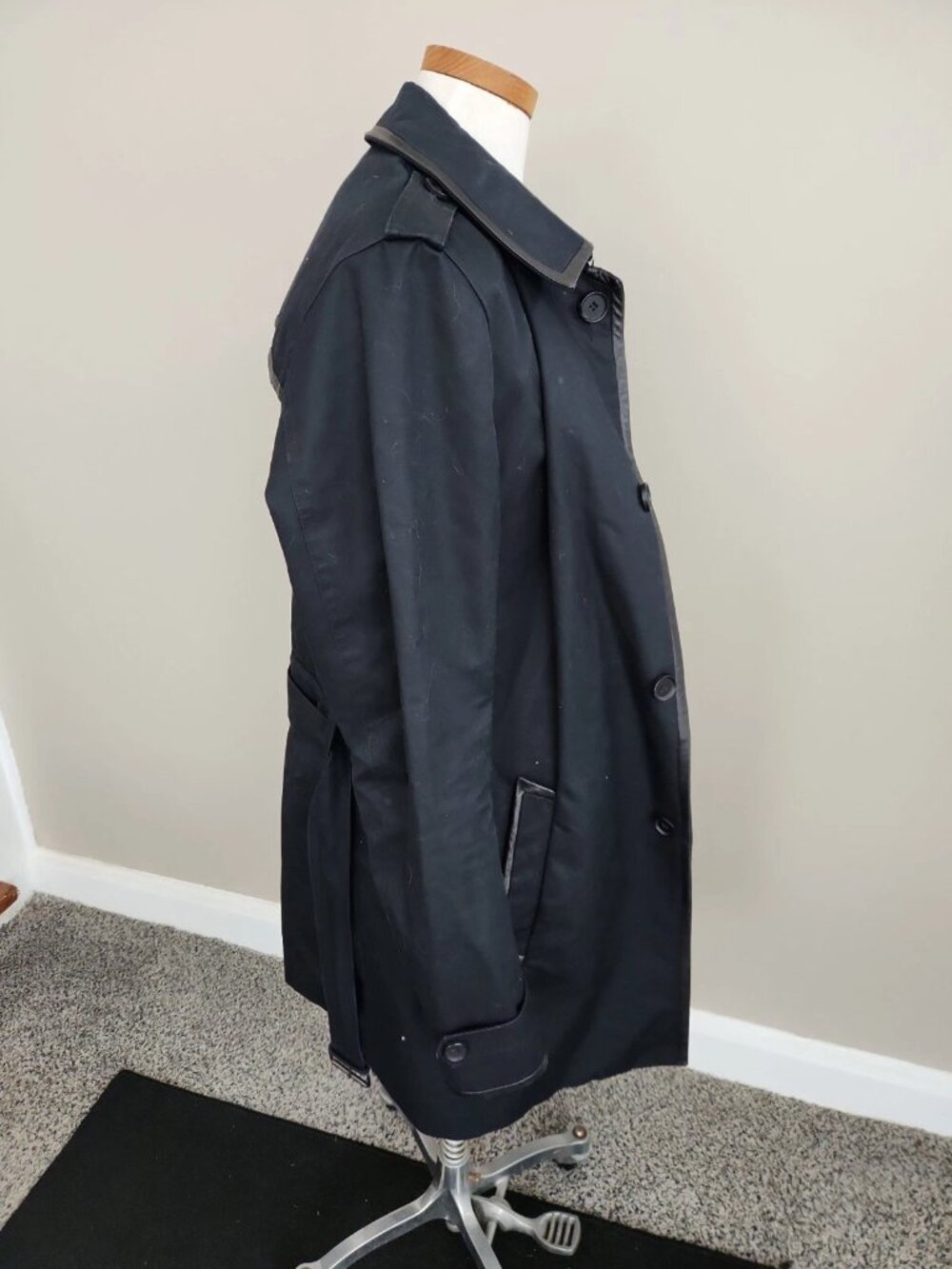 The Kooples Belted 100% cotton jacket Leather Trim Trench black Coat Sz 48 Unise - Picture 4 of 4